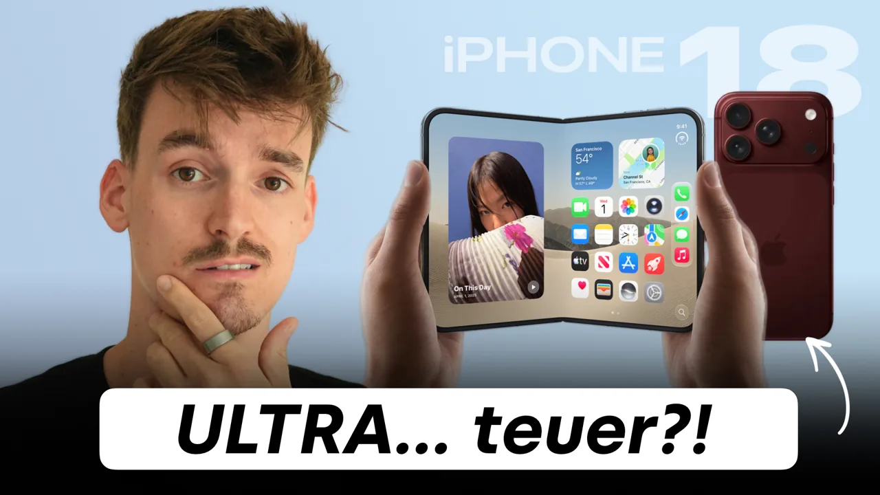 TechSite-Thumbnail zu ersten Eindrücken des iPhone 18: Felix mit Smartphone, Titel Ultra… teuer?!